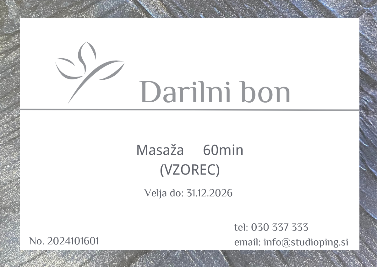 Darilni bon Studio Ping predstavljen med izdelki ali pripomočki za nego in lepoto ( kozmetika, masaža), kar simbolizira širok nabor storitev, ki jih lahko obdarjenec sam izbere.