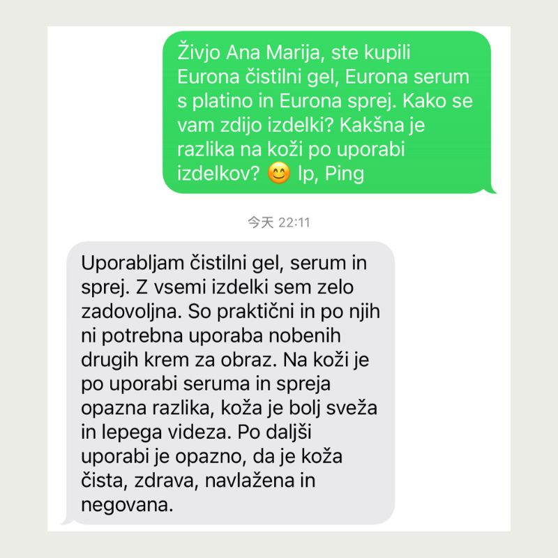 Uporabljam čistilni gel, serum in sprej. Z vsemi izdelki sem zelo zadovoljna. So praktični in po njih ni potrebna uporaba nobenih drugih krem za obraz. Na koži je po uporabi seruma in spreja opazna razlika, koža je bolj sveža in lepega videza. Po daljši uporabi je opazno, da je koža cista, zdrava, navlažena in negovana.