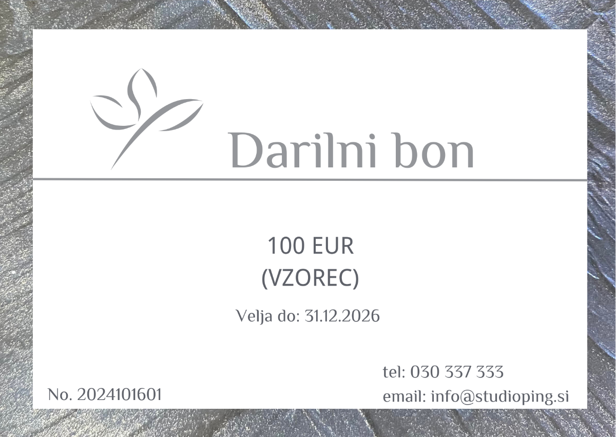 Predogled PDF darilnega bona Studio Ping na računalniku ali telefonu, prikazan kot priročna digitalna možnost, poslana preko elektronske pošte.