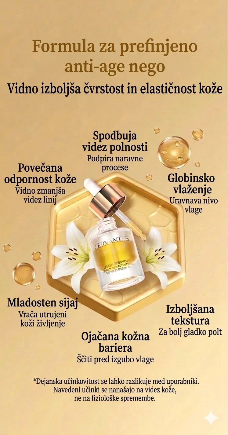 Promocijska slika za Cervantes PDRN serum, ki prikazuje napredno tehnologijo za celovito podporo različnim strukturam kože (vključno s ključnimi tipi kolagena) za viden učinek liftinga, učvrstitev, intenzivno vlaženje in revitalizacijo kožne bariere.